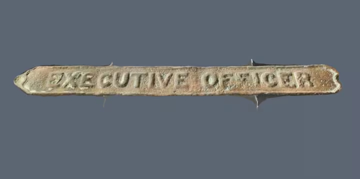 3D Photogrammetry model captured by a training workshop participant showing a Royal Navy Executive Officer Brass Door Plaque circa early to mid 20th Century from the Queenborough Guildhall Museum uncatalogued collection.©️ MOLA